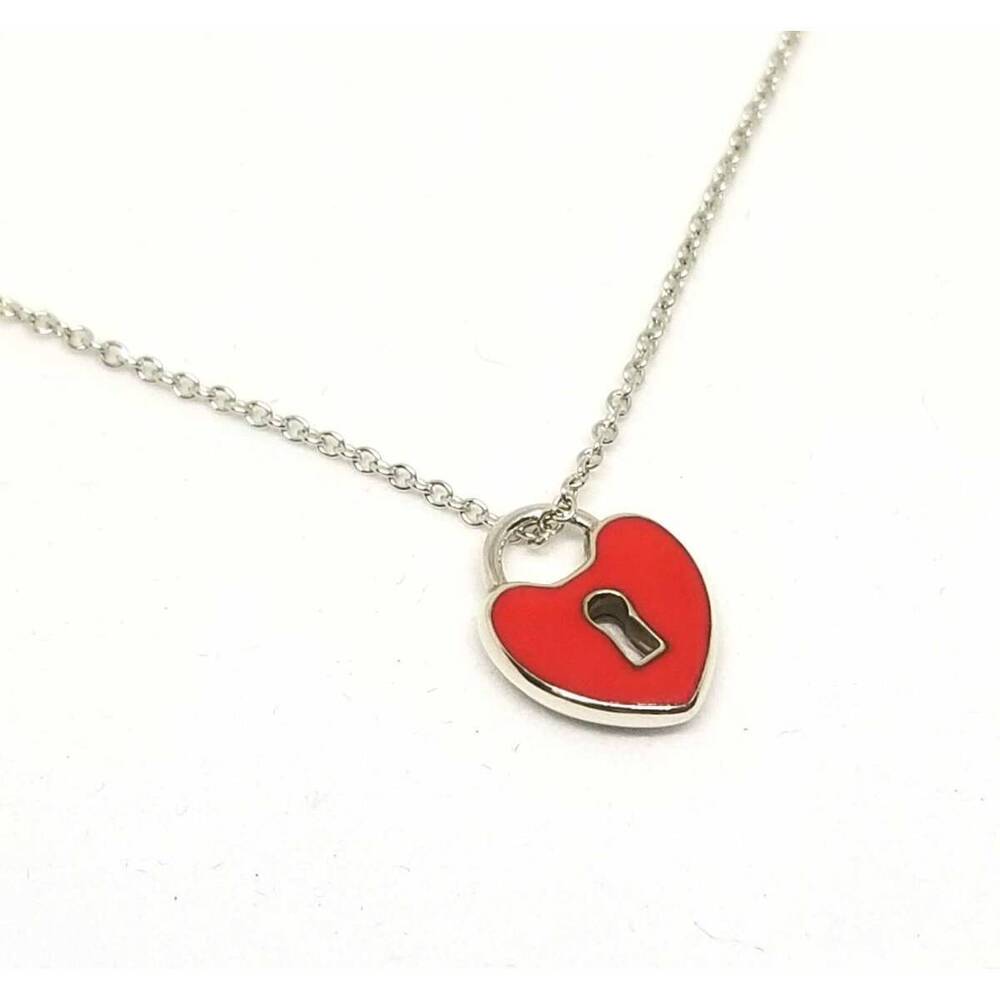 Tiffany Co Heart Lock Necklace Pendant Red Key Silver